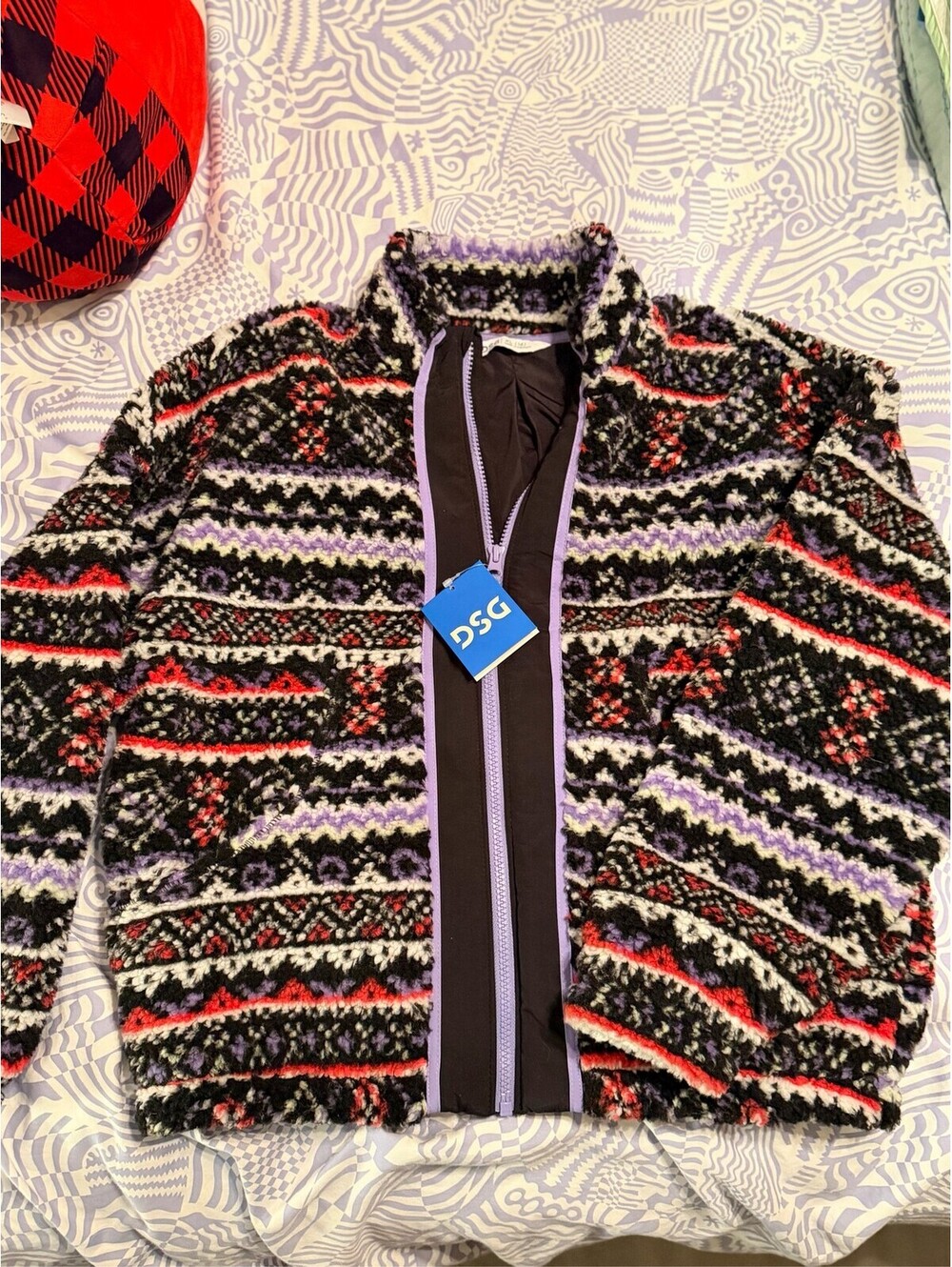 DSG Girls Cozy Fleece Full Zip Jacket Fair Isle Purple Black XL